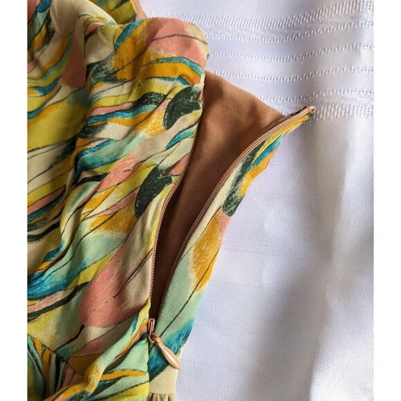 Anthropologie HYPE 100% Silk Yellow Feather Print Summer Boho Mini Dress Size 2 - Picture 8 of 8